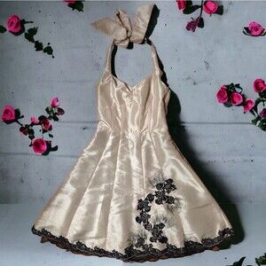 JS Collections Champagne Evening Gown with Black Floral Embroidery & Lace,Size 8